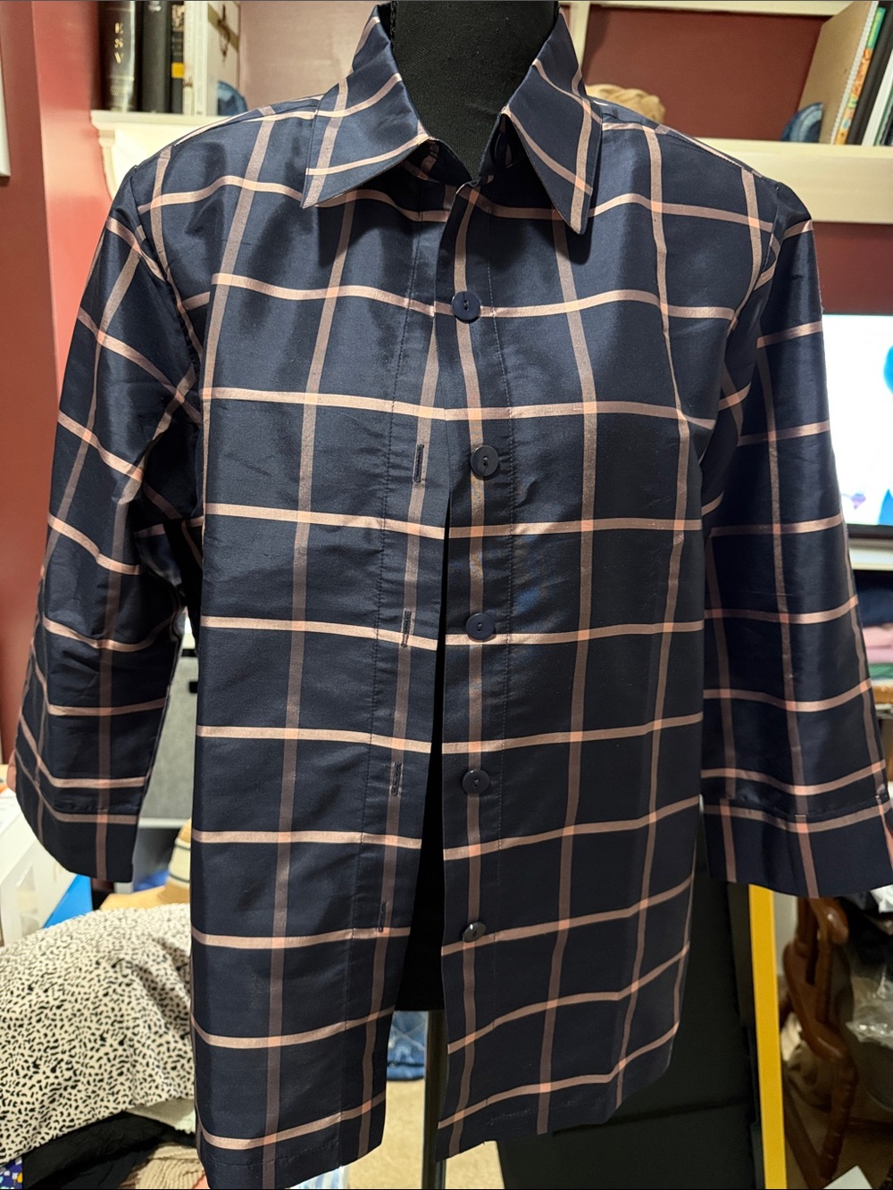 Silk Navy Plaid Button-Up Shirt with Pink Windowpane